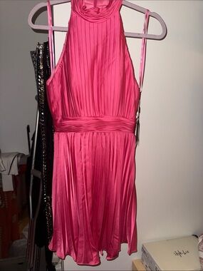 Sleeveless Hot Pink Pleated Midi Dress with High Neck